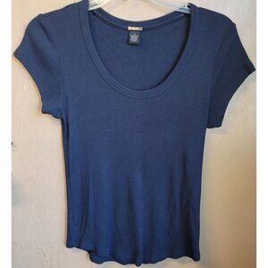 Magaschoni Short Sleeve Ribbed‎ Scoop Neck Tee Navy Stretch M Round Hem